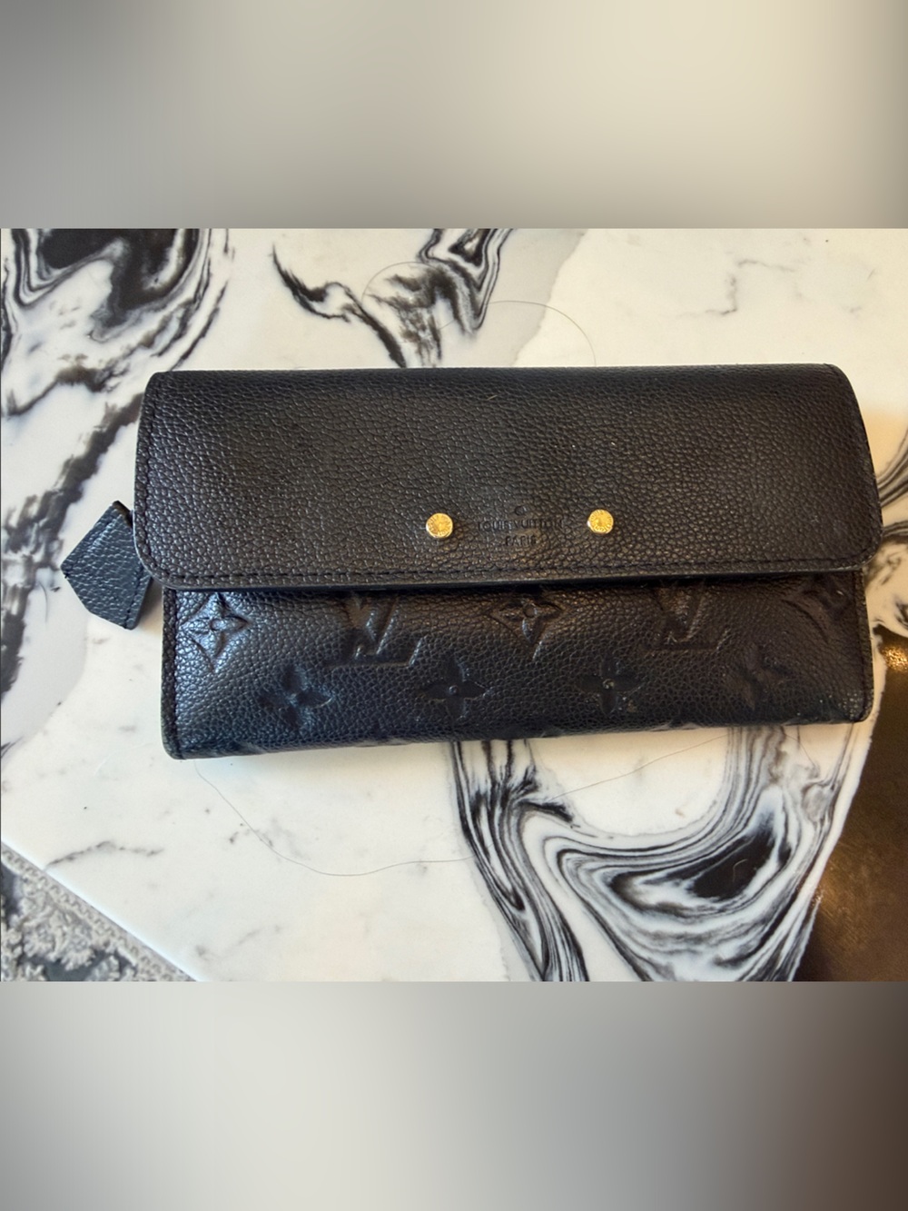 Authentic Louis Vuitton Black Embossed Monogram Long Wallet with Gold Hardware